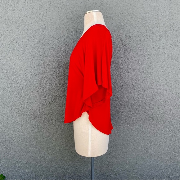 Red Short Sleeve Bat Sleeve Blouse W/ Lace… - Picture 2 of 7